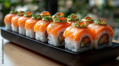 Colorful Sushi Display on a Black Plate