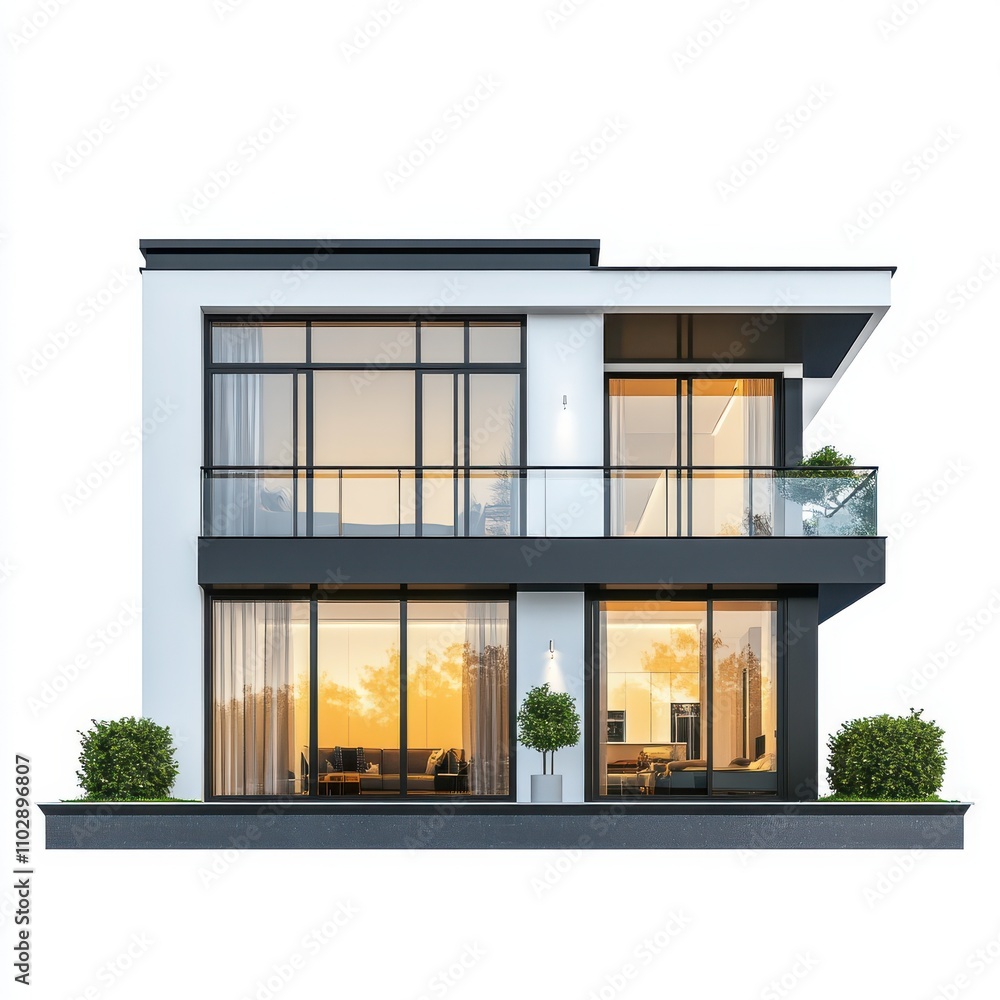 Modern two-story house with large windows and terrace isolated on white background Modern two-story house with large windows and terrace isolated on white background