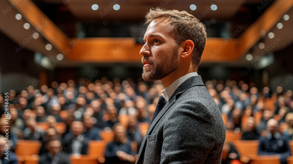 Fototapeta premium public speaker confidently addressing engaged audience in theater setting, showcasing leadership and communication skills