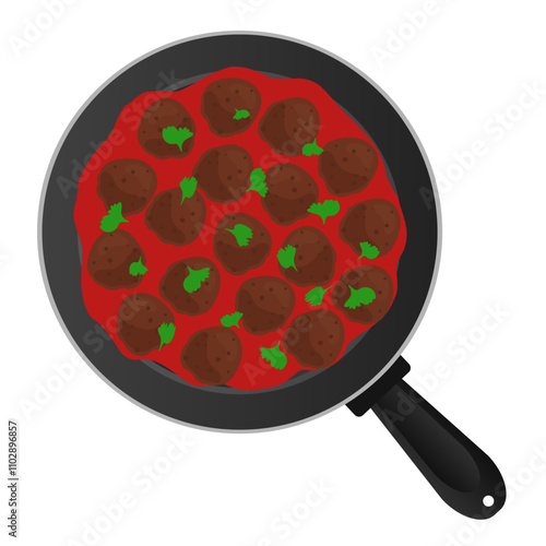 meatballs with tomato sauce in frying pan top view vetor illustration
