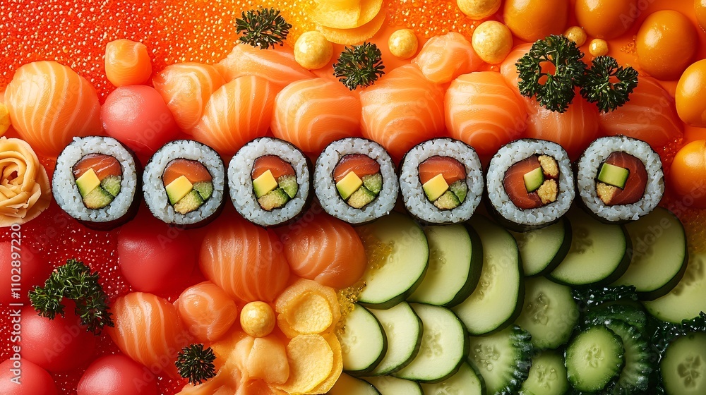 Colorful Sushi Rolls on a Vibrant Background Colorful Sushi Rolls on a Vibrant Background