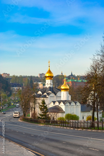 Sergiev Posad. Russia. Red Army Avenue. The road to Moscow past Pyatnitskaya and Vvedenskaya churches photo