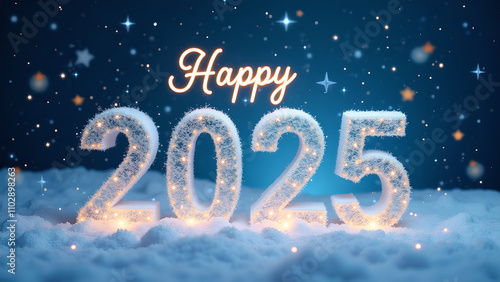 Happy New Year 2025 with snow and lights. Festive winter holiday concept.