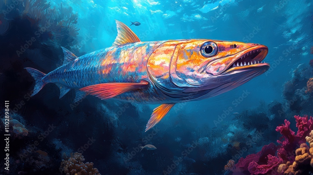 Fototapeta premium Vibrant Painted Barracuda Swims Through Ocean Reef