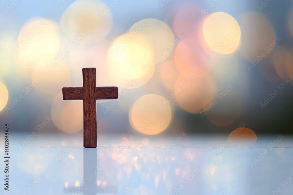 Wooden Cross on White Surface with Warm Bokeh Background and Soft Light Wooden Cross on White Surface with Warm Bokeh Background and Soft Light