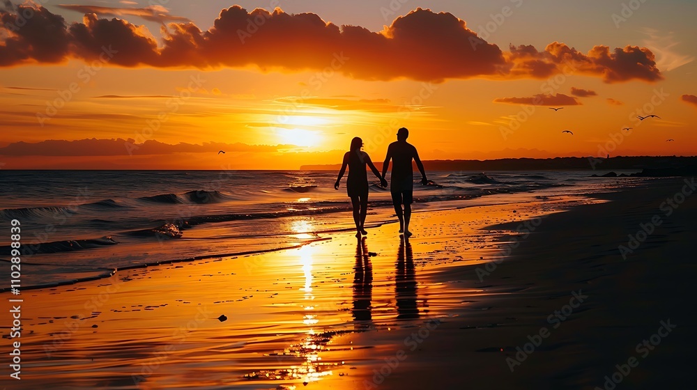 Silhouette of Couple Walking on Beach at Sunset Silhouette of Couple Walking on Beach at Sunset
