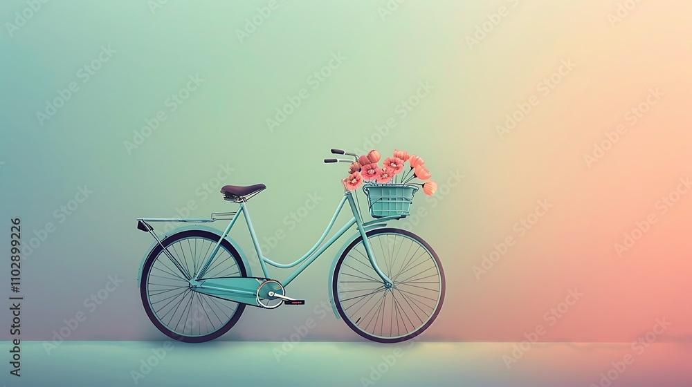 Fototapeta premium Whimsical minimalist artwork showcasing a vintage bicycle with flower baskets on a muted gradient background. 8k UHD, suitable for high-quality printing or digital display.