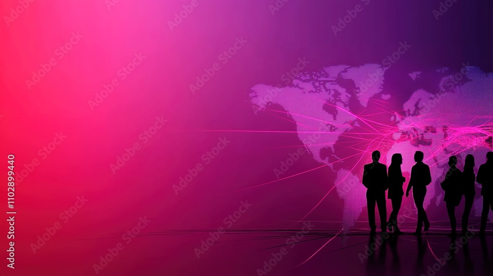 Fototapeta premium Silhouetted Business Group Against a Vibrant Technology-Infused World Map Background with Abstract Connections and Light Trails