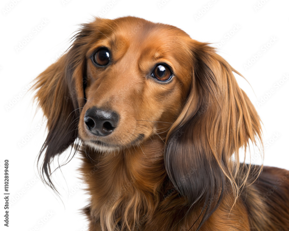 Cute smooth longhaired Dachshund portrait looking at camera isolated on white background. Dachshund headshot on white Cute smooth longhaired Dachshund portrait looking at camera isolated on white background. Dachshund headshot on white