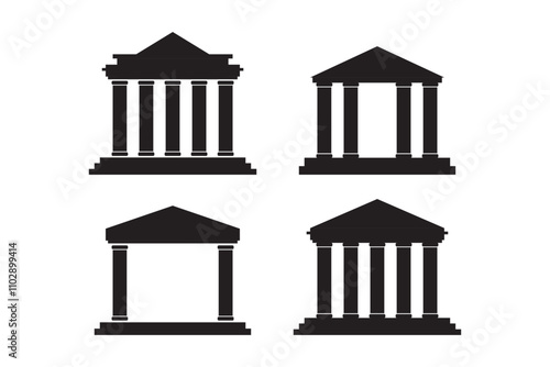 Set of bank icons. Business centre isolated on white background. Black silhouettes of bank buildings.