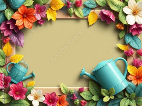 A vibrant garden frame with lush leaves, a watering can, and decorative elements perfect for nature themed design and invitations greeting card with copy space, themed, elements photo