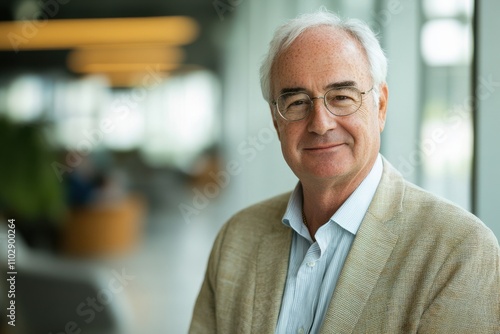Portrait of successful senior businessman consultant looking at camera and smiling inside modern office building