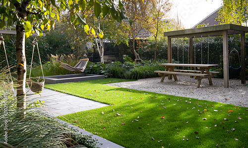 A spacious garden with a play area for kids, including swings and a sandbox, alongside a picnic table for family meals