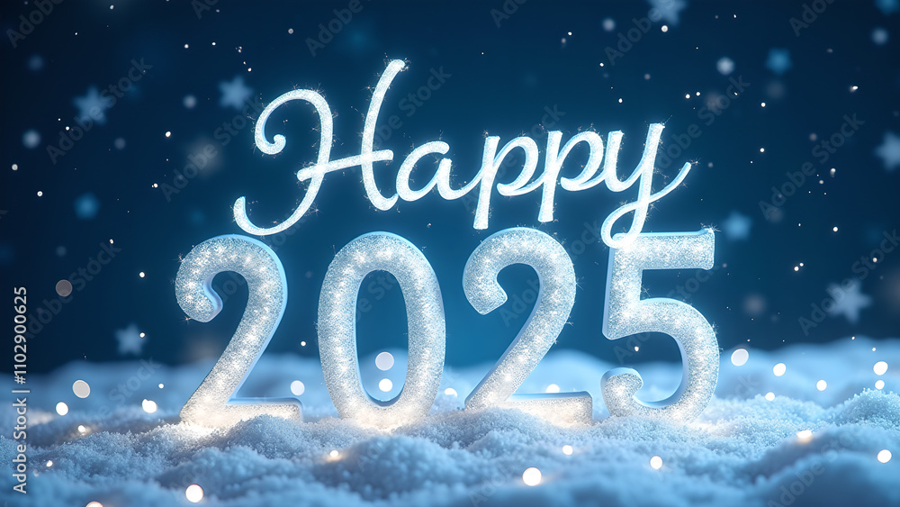 Happy New Year 2025 with snow and lights. Festive winter holiday concept. Happy New Year 2025 with snow and lights. Festive winter holiday concept.
