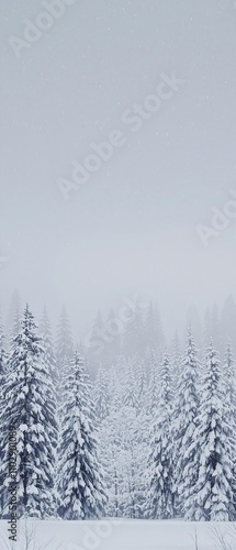 Falling snow creates a soft, white mist that rises from the ground, casting a mystical spell on a dark and quiet forest, peaceful, fog