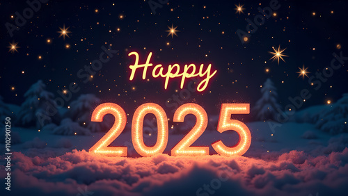 Happy New Year 2025 Neon Sign in Snowy Landscape. Concept of celebration, winter, and holidays.