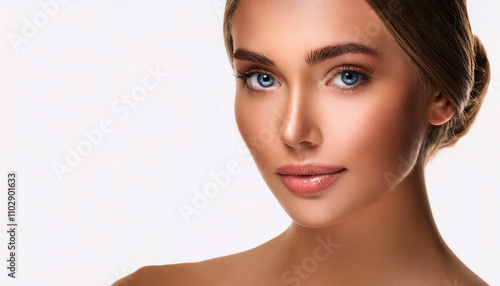 Close-up portrait of a beautiful woman with radiant, flawless skin and striking blue eyes, creating a sophisticated and elegant look. Ideal for beauty, skincare, fashion related themes