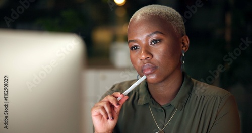 Night, black woman and thinking at computer for research, mind map and deadline in office. Journalist, technology and brainstorming in book for article planning, storytelling and reporter in agency