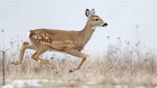 A delightful deer prancing through a field, leaping with joy on a white background photo