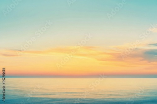 Soft tones of gold and aqua blend in this contemporary piece, illustrating a tranquil morning sky embracing the sea at the horizon