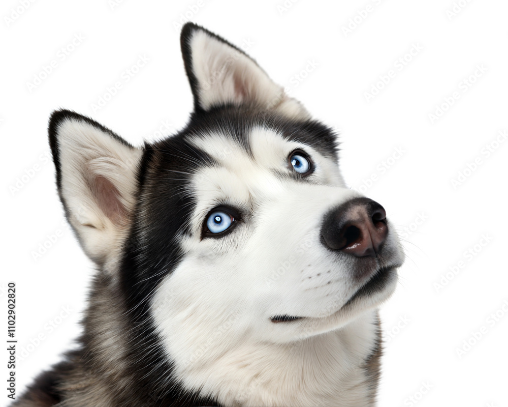 Blue eyed Siberian Husky portrait isolated on white background. Siberian Husky headshot on white Blue eyed Siberian Husky portrait isolated on white background. Siberian Husky headshot on white