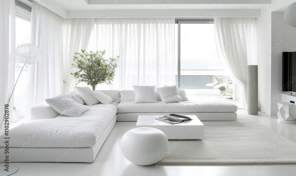 Fototapeta premium Trendy white living room with white modern decoration, simple home decor