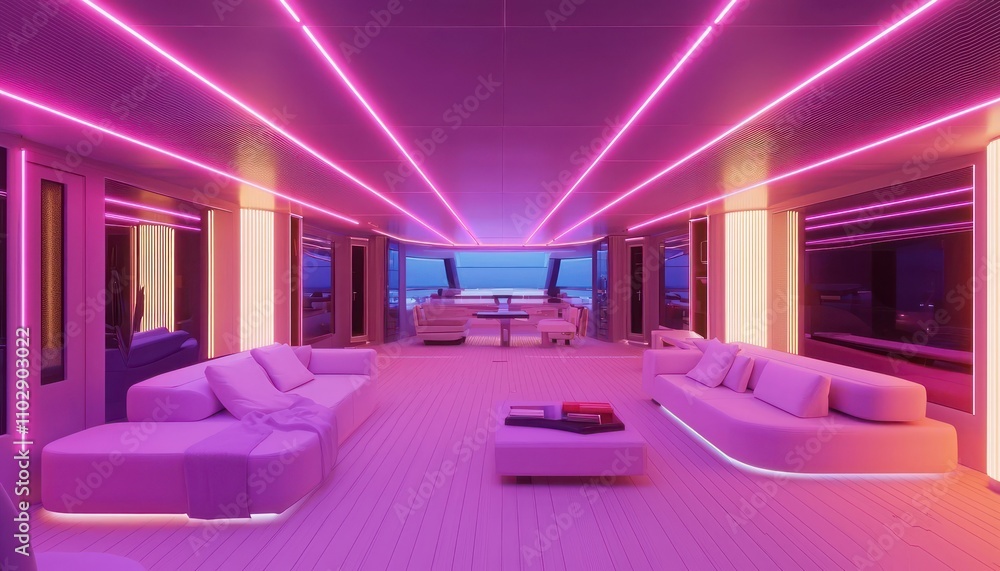 Modern yacht interior with minimalist design, neon lighting, and sleek furniture. Modern yacht interior with minimalist design, neon lighting, and sleek furniture.