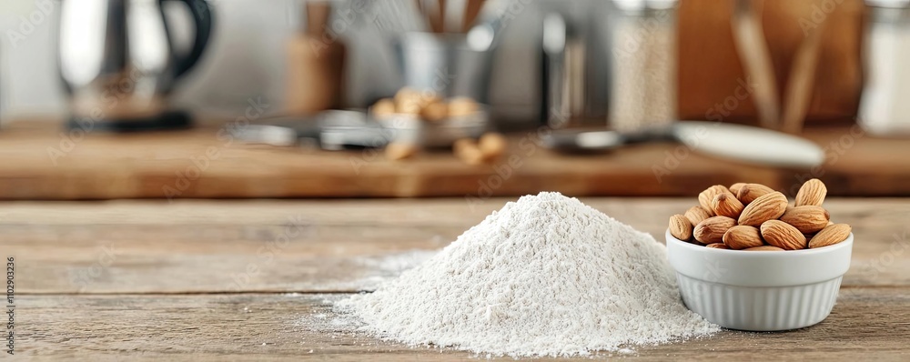 Almond flour with almonds on a wooden kitchen table, rustic cooking setting. Almond flour with almonds on a wooden kitchen table, rustic cooking setting.