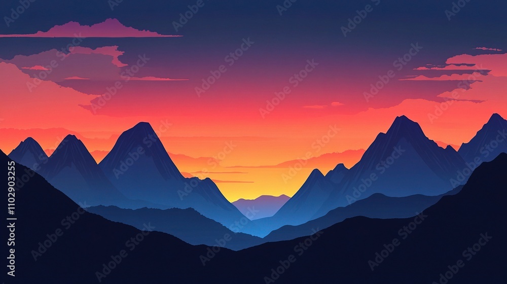 Fototapeta premium Serene Mountain Landscape at Sunset with Vibrant Sky Colors