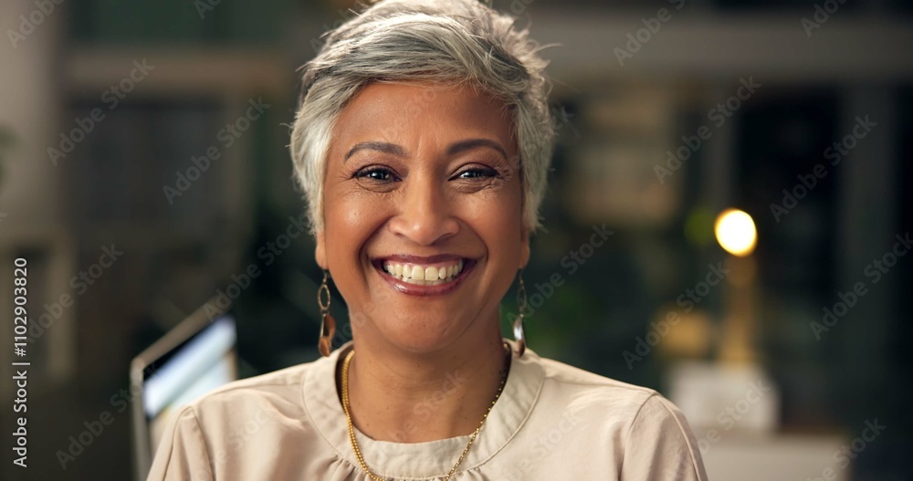 © peopleimages.com - Happy, pride and portrait of mature businesswoman in office with confidence for corporate career. Smile, night and professional female attorney manager with positive attitude for legal deadline.
