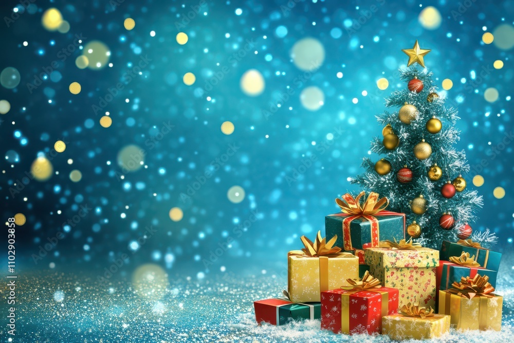 Christmas background with gifts and Christmas tree on blue-gold fuzzy background Christmas background with gifts and Christmas tree on blue-gold fuzzy background