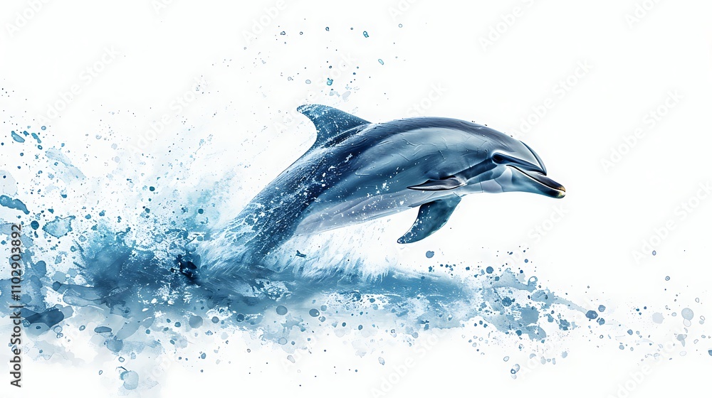 Fototapeta premium A delightful dolphin jumping out of the water, splashing on a white background