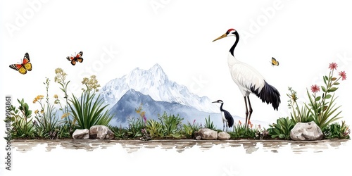 Cranes and butterflies in a serene mountain landscape nature illustration outdoor tranquil artistic perspective