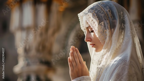 A serene portrait of a woman in a prayer pose, adorned in a delicate headscarf, conveying peace and spirituality. photo