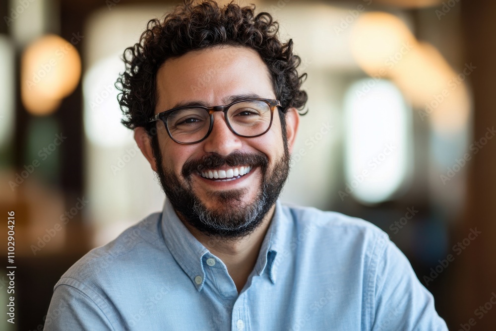 Smiling man with beard curly hair thick-rimmed glasses light blue button-up shirt office setting Smiling man with beard curly hair thick-rimmed glasses light blue button-up shirt office setting