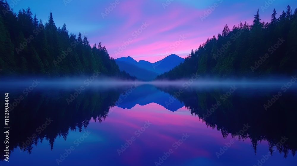 Fototapeta premium Serene Forest Lake Sunrise Misty Mountains Colorful Sky Reflection