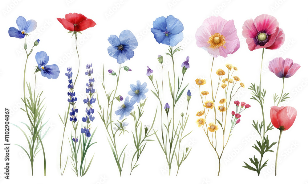 Fototapeta premium Wild flowers set, watercolor digital illustration. Perfectly for poster, card design. Mother's Day, Birthday, Valentine's day decoration
