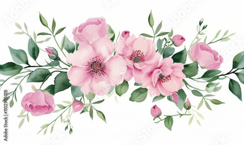 Bouquet made of pink watercolor flowers and green leaves, wedding and greeting