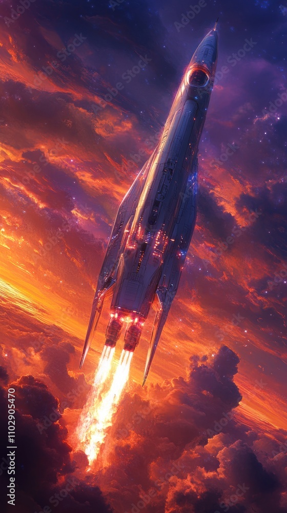 Obraz premium Spaceship Ascending Through Fiery Cosmic Cloudscape