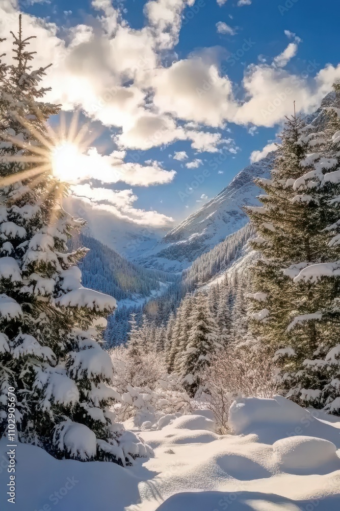 Winter Forest with Snow-Covered Mountains and Blue Sky Winter Forest with Snow-Covered Mountains and Blue Sky