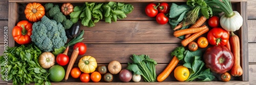 Panel kuchenny z motywem An empty wooden frame sitting amidst a colorful array of assorted fresh vegetables on a rustic wooden table, rustic, plant-based