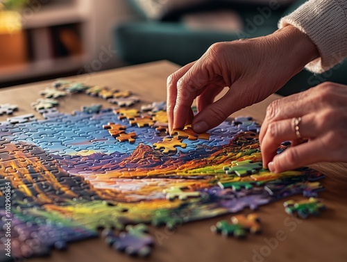 Hands place the final piece of a vibrant puzzle on a wooden table, evoking warmth and accomplishment.