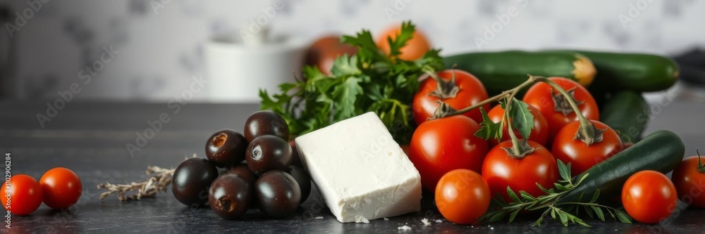 Assorted fresh mediterranean diet ingredients including tomatoes, olives, feta cheese, cucumbers, and herbs arranged on a dark kitchen counter, fresh, olives Assorted fresh mediterranean diet ingredients including tomatoes, olives, feta cheese, cucumbers, and herbs arranged on a dark kitchen counter, fresh, olives
