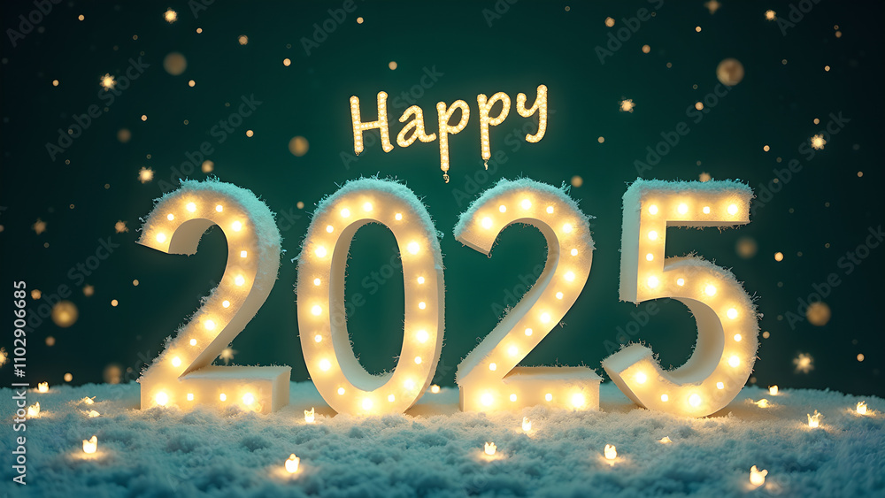 Happy New Year 2025 with snow and lights. Festive winter holiday concept. Happy New Year 2025 with snow and lights. Festive winter holiday concept.