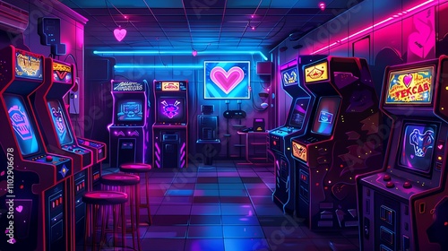 A vibrant arcade filled with retro gaming machines and neon lights, creating a lively atmosphere for entertainment.