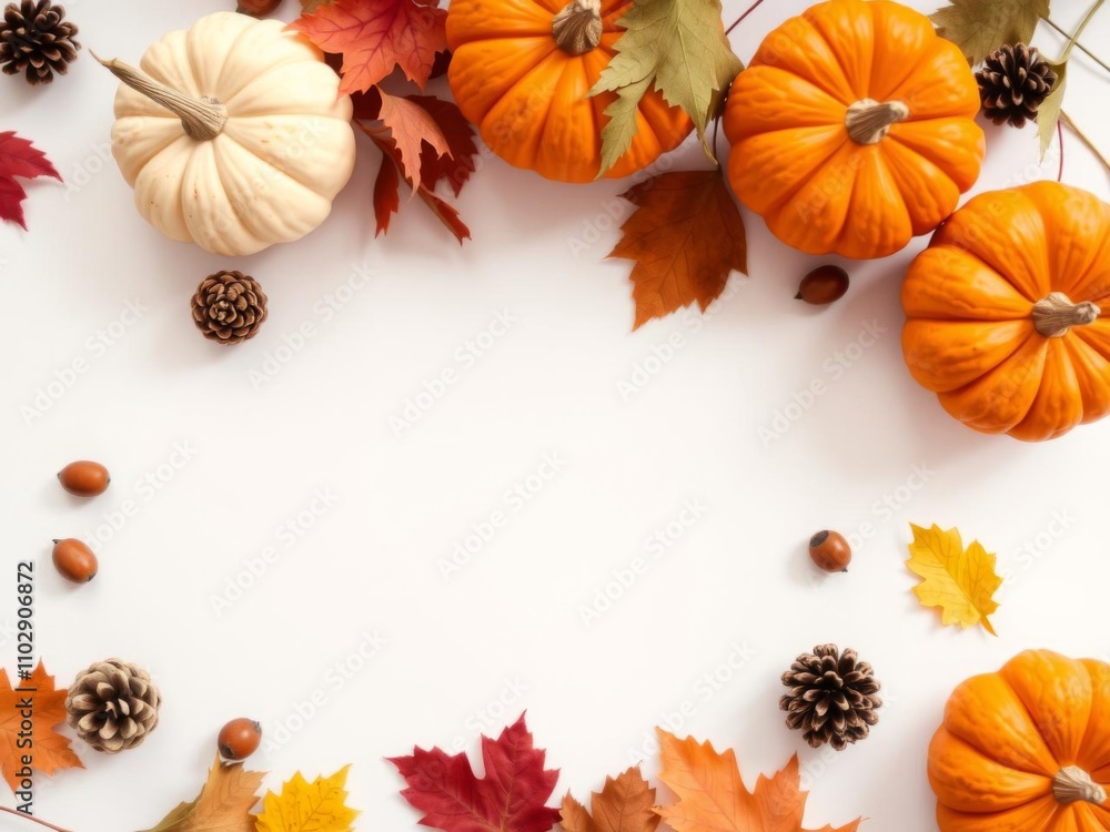 Autumn-themed flat lay mockup with empty sheet in the middle surrounded by fall leaves, pumpkins, acorns, and pine cones, top view copy space, thanksgiving, empty sheet Autumn-themed flat lay mockup with empty sheet in the middle surrounded by fall leaves, pumpkins, acorns, and pine cones, top view copy space, thanksgiving, empty sheet