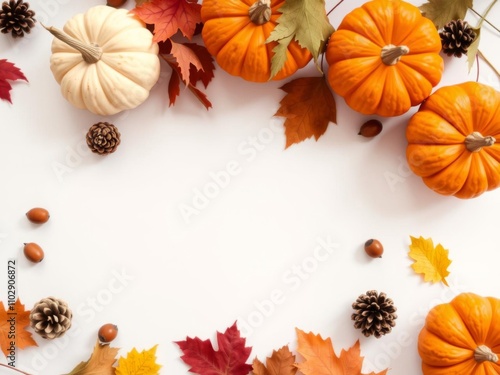 Autumn-themed flat lay mockup with empty sheet in the middle surrounded by fall leaves, pumpkins, acorns, and pine cones, top view copy space, thanksgiving, empty sheet