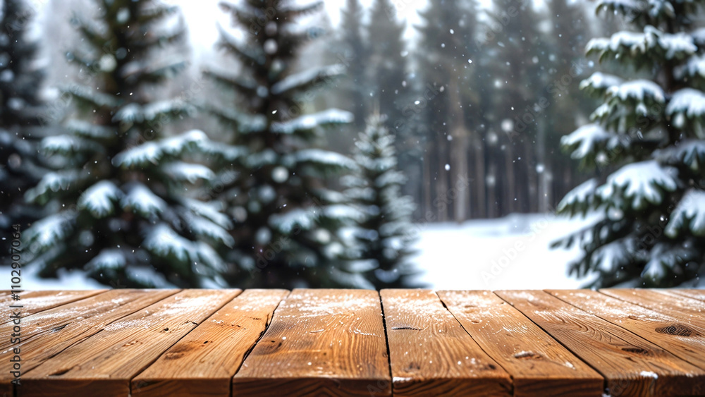 Empty wooden table with white snow background and blurry fir trees Empty wooden table with white snow background and blurry fir trees