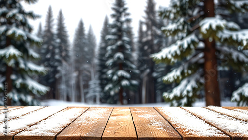 Empty wooden table with white snow background and blurry fir trees