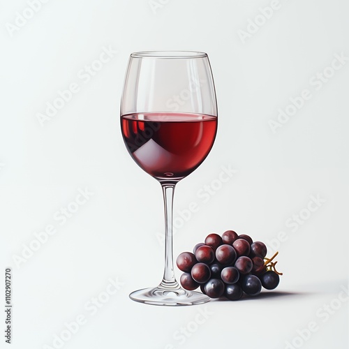 A glass of red wine beside a cluster of dark grapes on a white background.